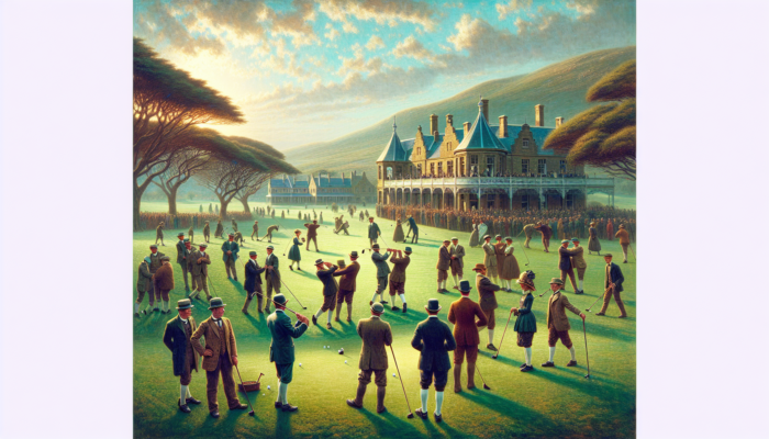 1885 scene at Rondebosch Golf Club: Enthusiastic golfers in Victorian attire swing wooden clubs on lush greens, surrounded by colonial architecture under a clear sky.