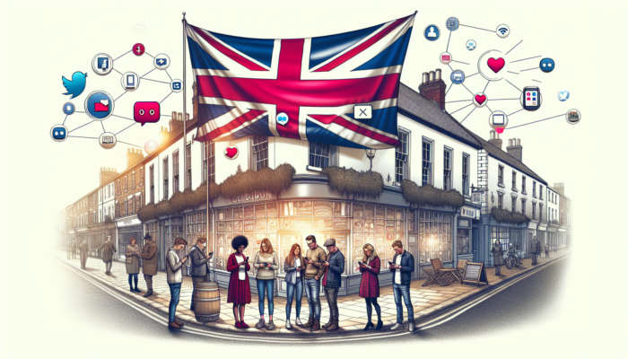 Social Media Strategy in Westbury for Small Business: Bustling Westbury high street in England: quaint small business shopfront with social media icons, locals engaging on smartphones under a Union Jack flag.
