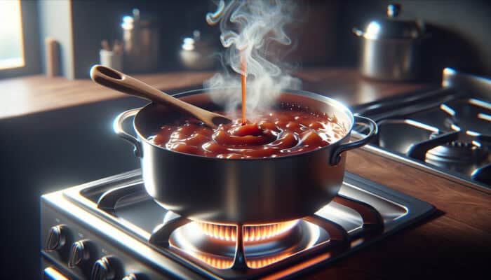A close-up of a simmering pot on a gas stove, with rich, glossy sauce reducing and steam rising in a cozy kitchen.