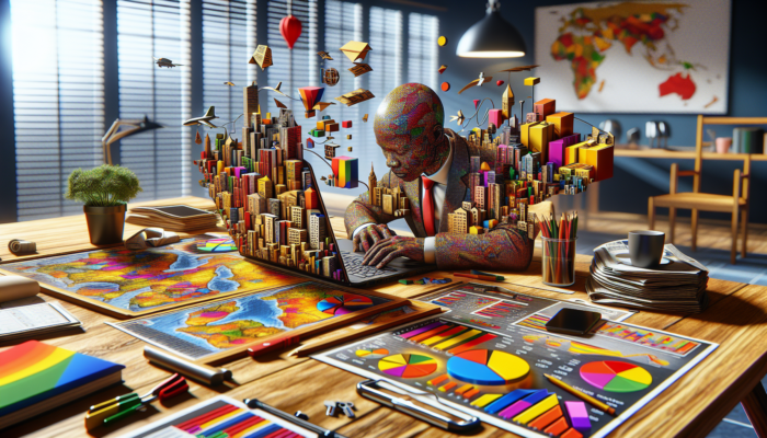 A focused buyer in a modern South African office examines a laptop showing Prop Data graphs, maps, and newspapers on the desk.