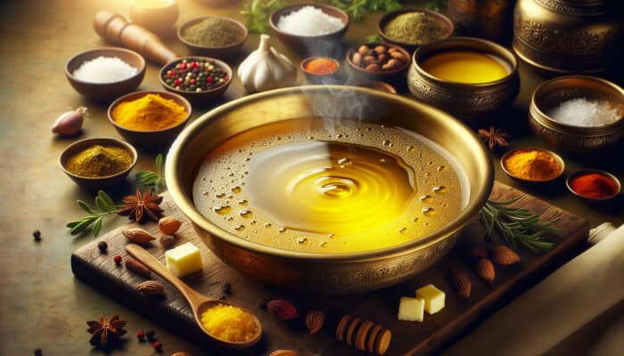 A golden pool of ghee in a brass bowl, with rising steam and settling milk solids, surrounded by vibrant spices and herbs.