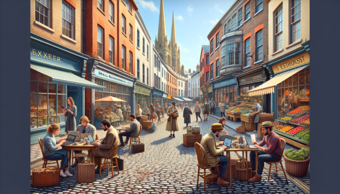 Content Creation in Exeter for Small Businesses: Bustling historic street in Exeter: small business owners crafting content on laptops amid markets, locals engaging via smartphones under sunny skies.