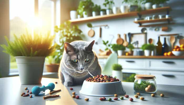Senior Cat Nutritional Needs: A senior gray cat with bright eyes eating nutrient-rich food in a sunlit kitchen, surrounded by herbs and a toy, symbolizing joint health.