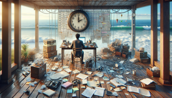 Busy entrepreneur in Ilfracombe at a cluttered desk with ticking clock, blank notepads, and colourful content calendar, overlooking ocean waves.