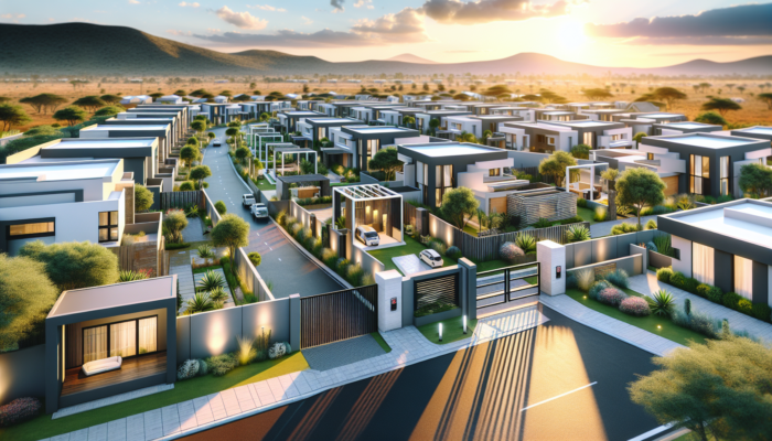 Modern estate in Phalaborwa, South Africa: affordable homes with gated security, open plans, family parks, and sunny savanna landscape.