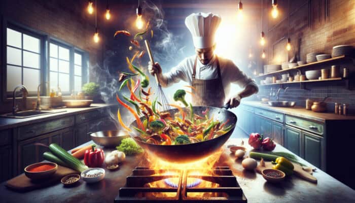 A chef stir-fries colorful vegetables and tender meats in a sizzling wok over high flames, with steam rising and aromatic spices.