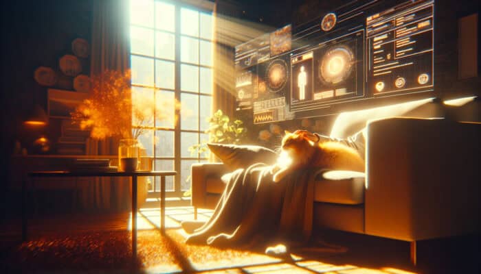A person gently pets a fluffy, purring cat on a cozy couch in warm golden light, evoking a peaceful, stress-free atmosphere.