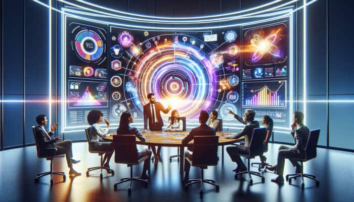 A group of professionals in smart attire discussing infographic videos in a contemporary conference room, surrounded by glowing screens displaying animated charts and vibrant visuals.