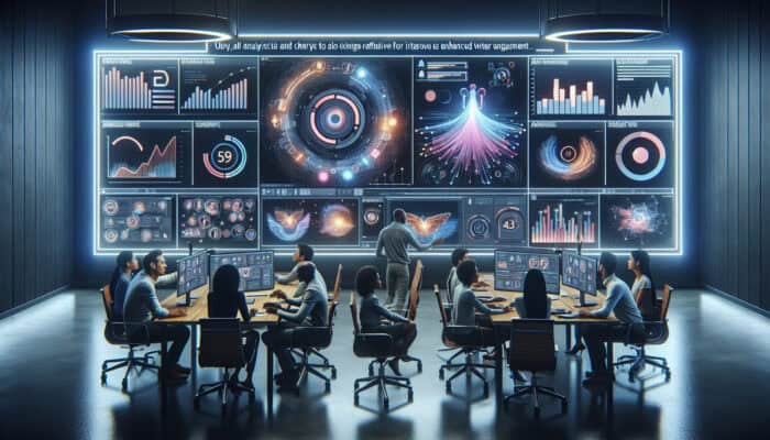 A diverse team in a modern studio analysing infographic videos on large screens, surrounded by glowing analytics charts and feedback notes for refinement.