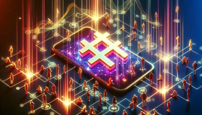 A glowing hashtag symbol at the centre of a vibrant digital landscape, surrounded by smartphone users, rising graphs, viral icons, and connected social networks.