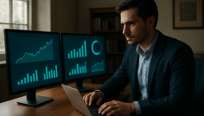 Business owner analyzing digital dashboards showing website traffic, social media metrics, and conversion rates from their Cirencester office.