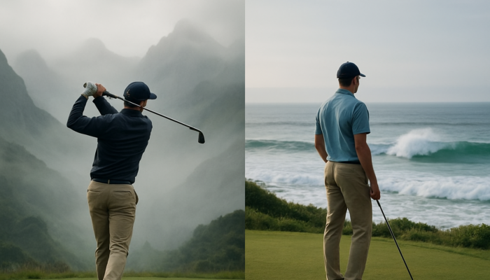 Golfer mid-swing with firm grip in misty Drakensberg peaks, another loosely holding club on Durban's crashing waves.