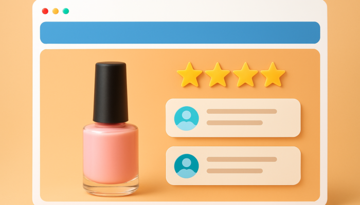 Vibrant e-commerce page for a Nailsea business: central product image with prominent star ratings and glowing customer reviews.