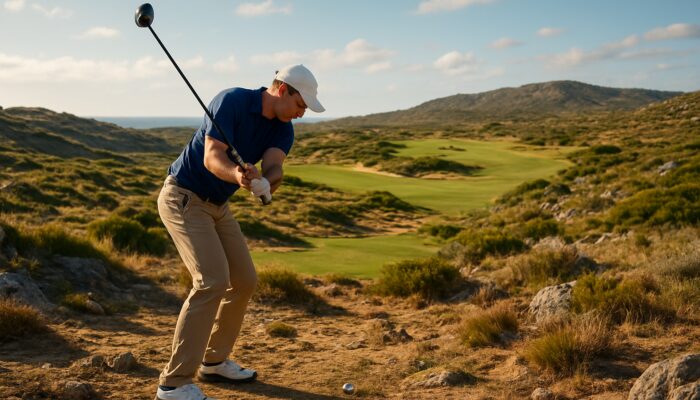 Golfer mid-swing on rugged South African terrain, firm grip, aligned body under sunny sky.