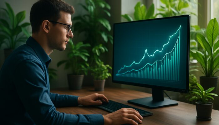 Digital analyst using Search Atlas to view supplemental organic growth charts, surrounded by thriving green plants.