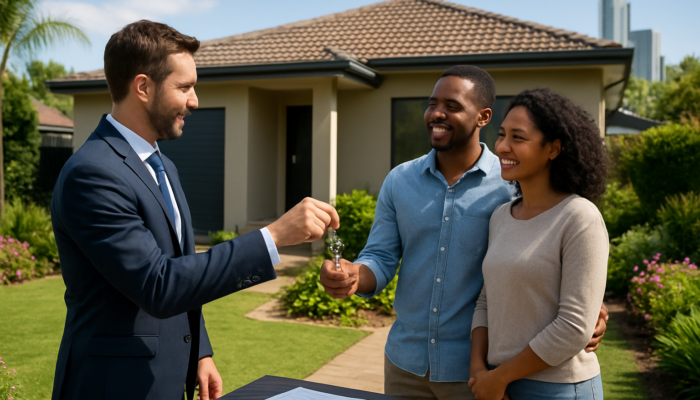 Real estate agent handing keys to a smiling couple at a modern Benoni home with gardens and skyline.
