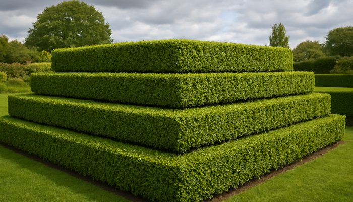 Symmetrically trimmed hedge in a lush English garden, encouraging healthy growth in Stoke-Sub-Hamdon's breezy weather.