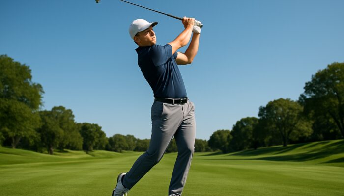 Professional golfer mid-swing on lush fairway, demonstrating perfect form and focus.