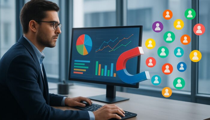 Analyst examining data dashboards as colourful user icons are magnetically attracted, symbolising lead magnet evolution.
