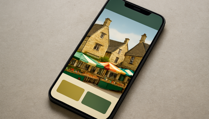 Stroud small business mobile website displayed on a smartphone: Featuring Cotswold buildings, vibrant market stalls, and a green and gold user interface.