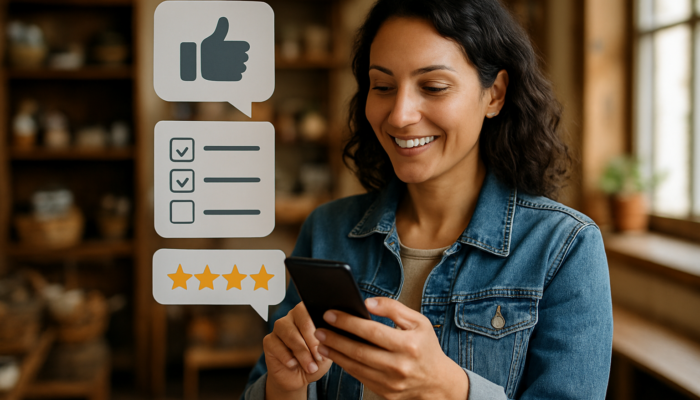 User providing feedback on a Stroud small business mobile site using forms, surveys, and star ratings.