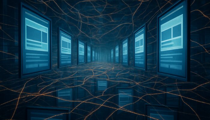 Chaotic digital labyrinth of mirrored web pages and tangled URLs, symbolising online duplication.