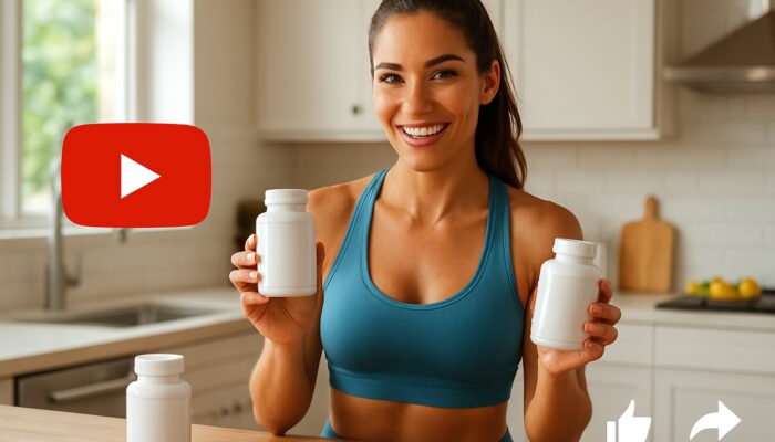 Fit influencer demonstrating supplement bottles in sunny kitchen on YouTube ad with play button and likes.