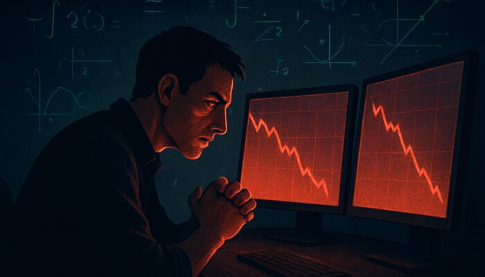 Focused crypto trader analyzing declining stock charts and red drawdown graphs while contemplating floating formulas.