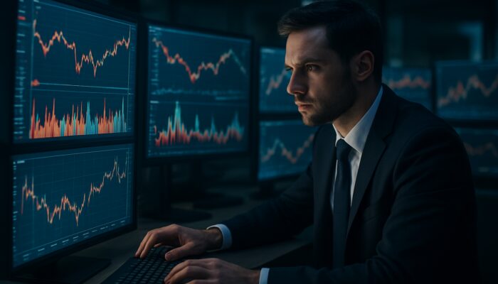 Dedicated trader scrutinizing real-time drawdown charts and stock graphs on illuminated screens.