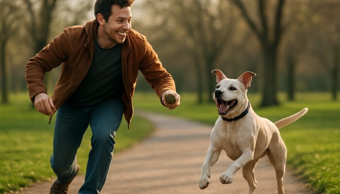 Busy owner joyfully playing fetch with a cheerful dog in the park, highlighting their joyful connection.