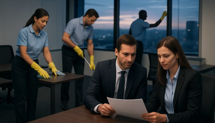 Expert janitorial team cleaning a modern office space at dusk, clients reviewing service agreements.