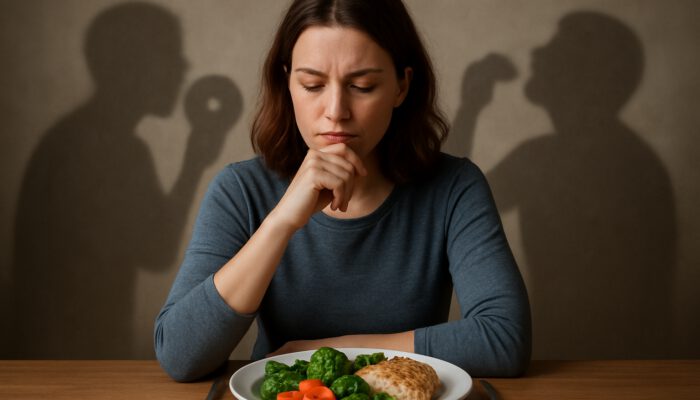 Serene person pausing at table with colorful healthy meal, contemplating emotional eating temptations.