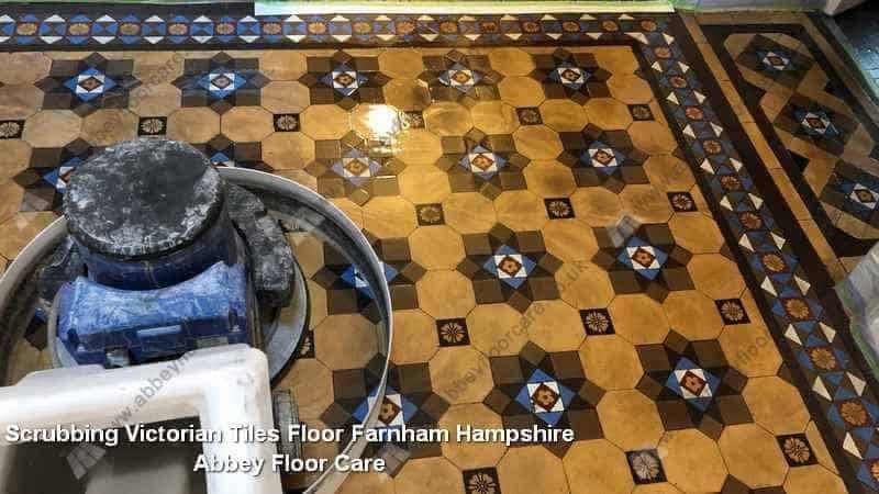 Controlled low-abrasion cleaning of Victorian hallway tiles in Farnham