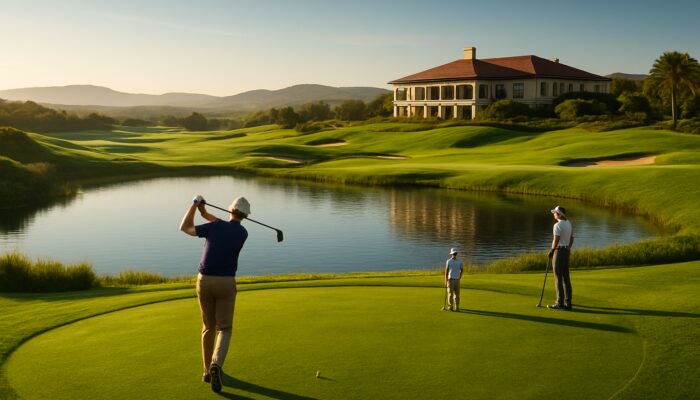 Lush Oubaai Golf Club course with pristine greens, shimmering hazards, players teeing, and majestic clubhouse.