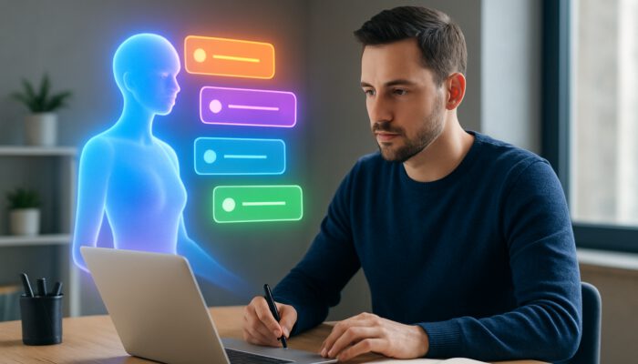 Holographic virtual assistant projecting colourful, prioritized task notifications around focused user in modern workspace.