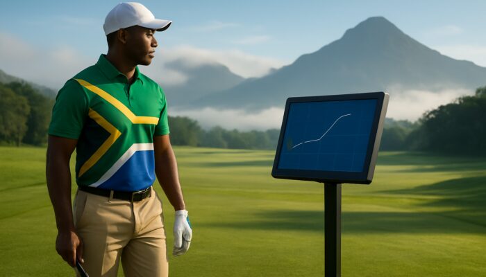 South African golfer analyzes swing data on launch monitor in KwaZulu-Natal's lush course with misty mountains.