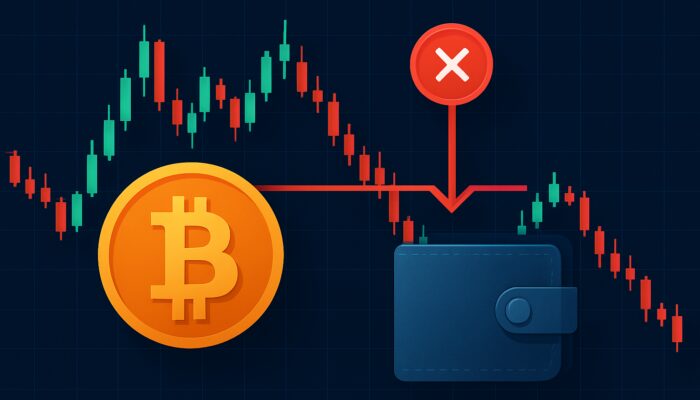 Bitcoin price chart featuring a red stop-loss line triggering sell order amidst volatile crypto trading.
