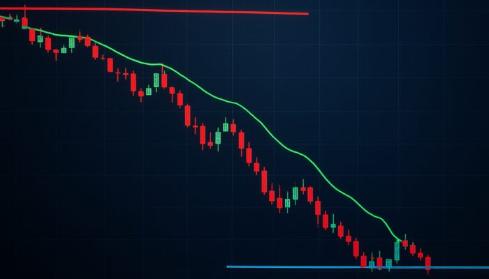 Stock chart displaying red stop-loss, green trailing stop, and blue limit lines during a rapid market drop.