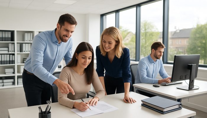 Modern office in Yeovil featuring pristine desks, organized files, and focused employees benefiting from natural light.