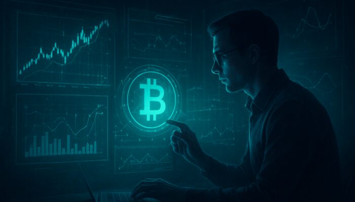 Focused trader analysing holographic crypto charts and simulations in a dimly lit environment.
