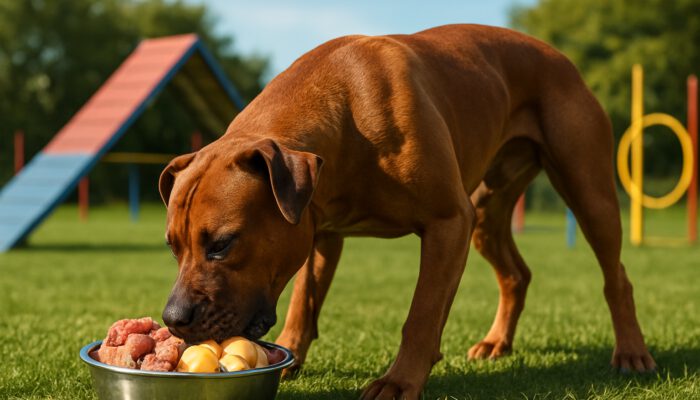 Muscular dog consuming high-protein food with lean meats and eggs near agility obstacles outdoors.