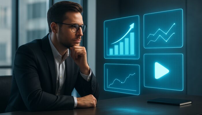 Marketer examining glowing holographic competitor media charts with strategic arrows in a sleek office