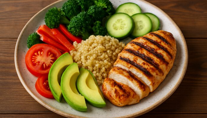 Vibrant grilled chicken quinoa bowl with avocado and fresh vegetables on wooden table for post-workout recovery