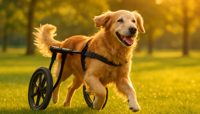 Elderly golden retriever happily trotting in sunny park with rear-support mobility wheelchair