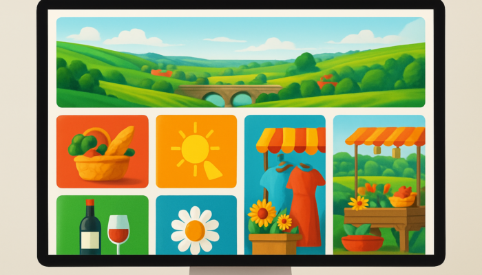 Vibrant illustration of sleek Trowbridge shops website with local products and Wiltshire countryside backdrop.