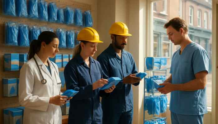 Healthcare professionals browsing blue nitrile gloves in cozy Aylesbury medical shop