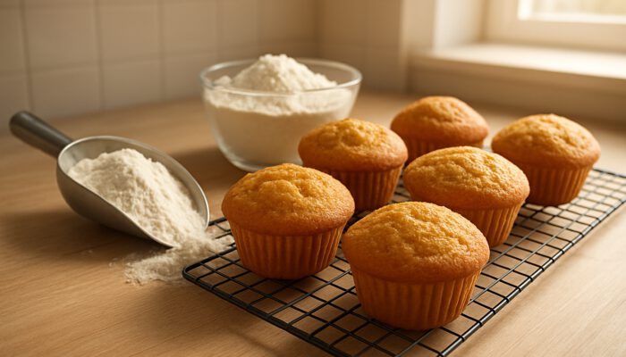 Golden muffins cooling on wire rack beside protein powder and flour in sunlit kitchen
