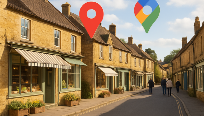 Charming South Petherton shops illuminated by floating Google search icons and map pins on a sunny street