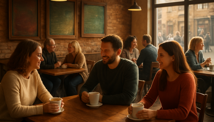 Busy South Petherton café with delighted locals enjoying steaming coffees after targeted social media ads