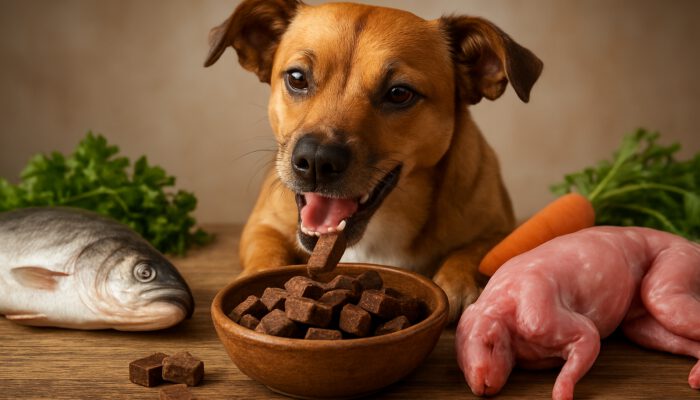 Joyful dog eating hypoallergenic duck venison treats beside fish and rabbit on rustic table